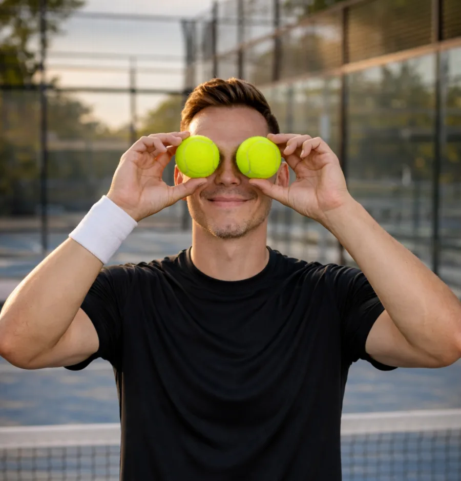 Paul holding two padel balls in front of his eyes