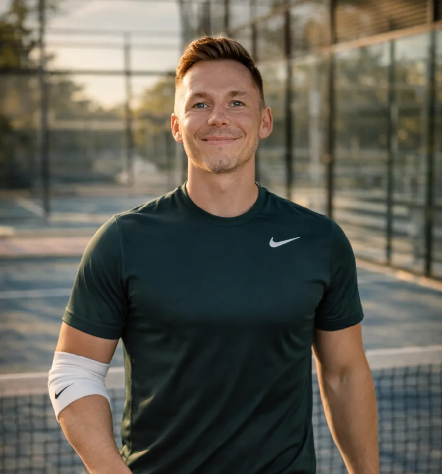Paul Breitkreuz, padel coach in Paphos, smiling at the court
